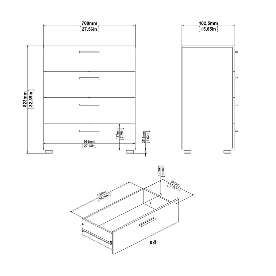 TVILUM Pepe kommode - egetr�sstruktur/hvid h�jglans, m. 4 skuffer 