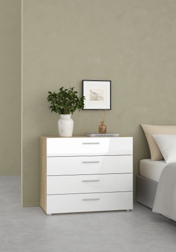 TVILUM Pepe kommode - egetr�sstruktur/hvid h�jglans, m. 4 skuffer 