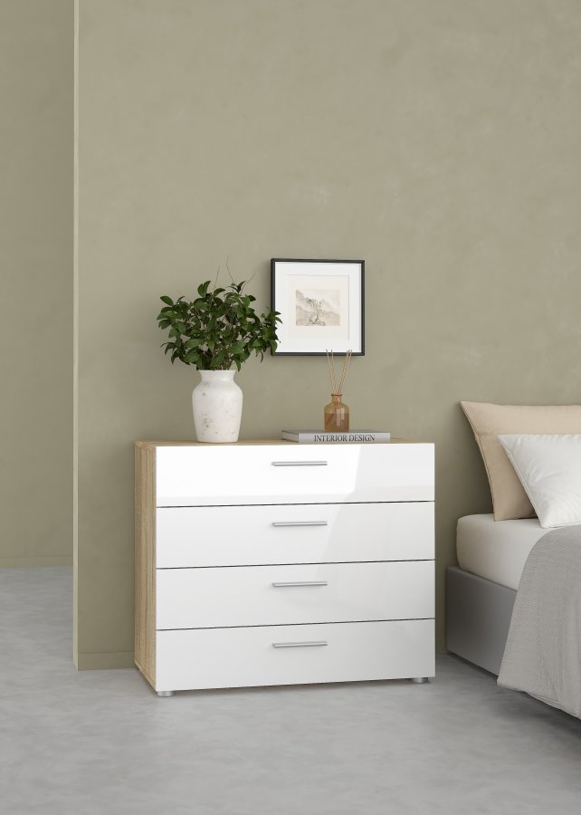 TVILUM Pepe kommode - egetr�sstruktur/hvid h�jglans, m. 4 skuffer 