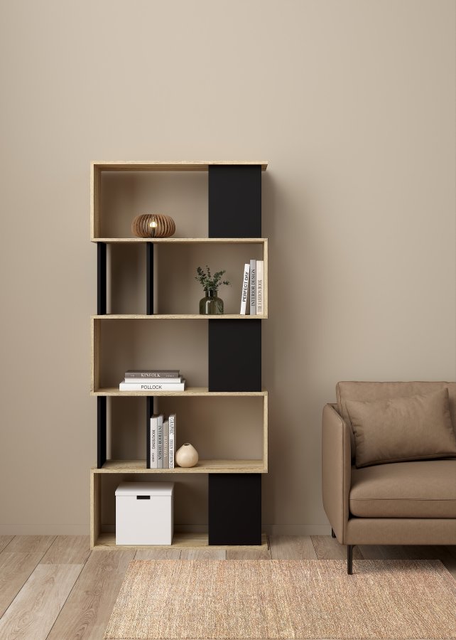 TWILUM Maze bokhylla - naturlig ek struktur/svart, w. 7 rum 