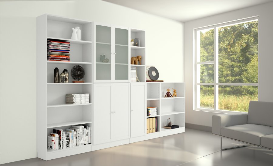 TVILUM Basic reol - hvid/glas, m. 4 l�ger og 4 hylder (H:203,2cm x79cm x 28,3cm)