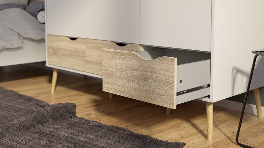 TVILUM Delta garderobeskab - hvid/egetr�sstruktur, m. 3 l�ger og 3 skuffer