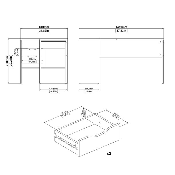 Function Plus hj�rneskrivebord - hvid/egetr�sstruktur, m. 2 skuffer 