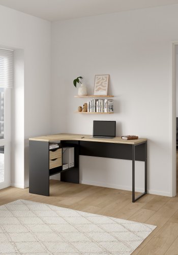 TVILUM Function Plus hj�rneskrivebord - mat sort/egetr�sstruktur, m. 2 skuffer 