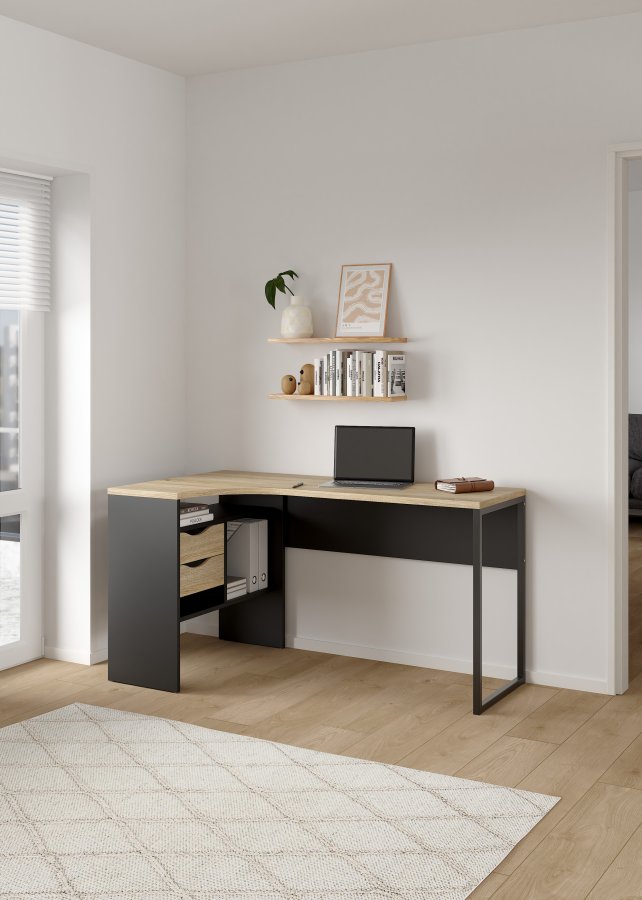 TVILUM Function Plus hj�rneskrivebord - mat sort/egetr�sstruktur, m. 2 skuffer 