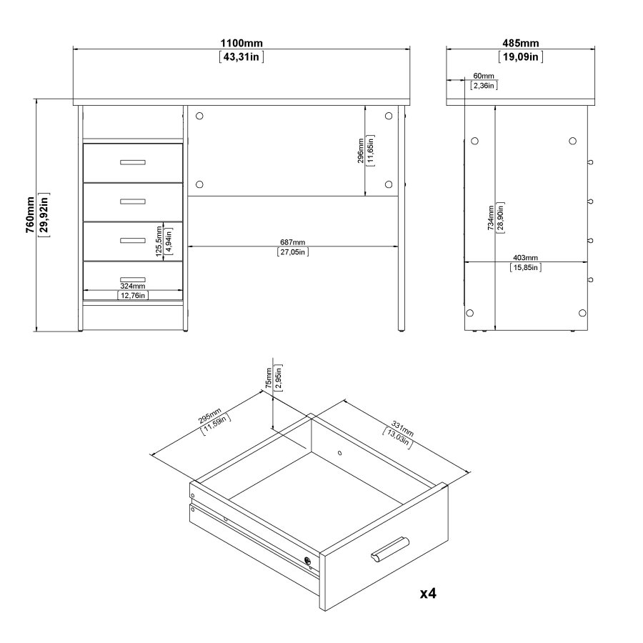 TVILUM Function Plus skrivebord - hvid, m. 4 skuffer