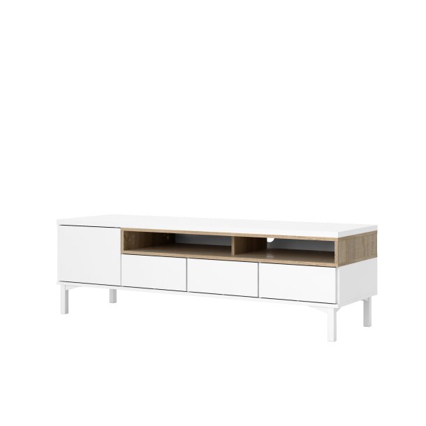 Roomers TV-bord - hvid/egetr�struktur, m. 1 l�ge og 3 skuffer (156 cm)