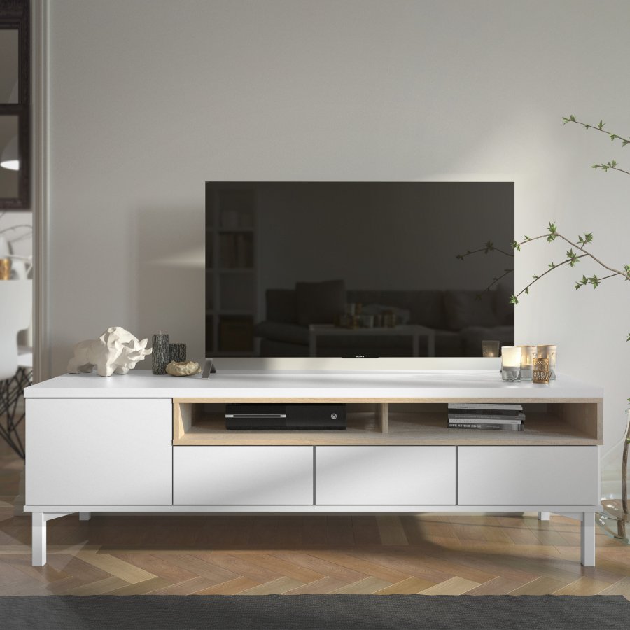 TVILUM Roomers TV-Tisch - Wei�/Eichenstruktur, mit 1 T�r und 3 Schubladen (156 cm)