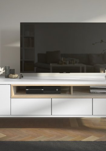 TVILUM Roomers TV-Tisch - Wei�/Eichenstruktur, mit 1 T�r und 3 Schubladen (156 cm)