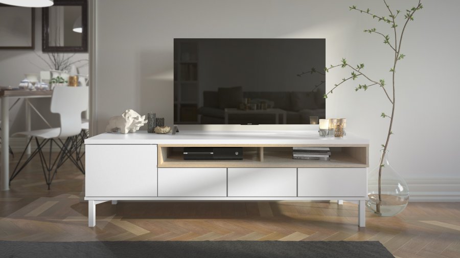 TVILUM Roomers TV-Tisch - Wei�/Eichenstruktur, mit 1 T�r und 3 Schubladen (156 cm)