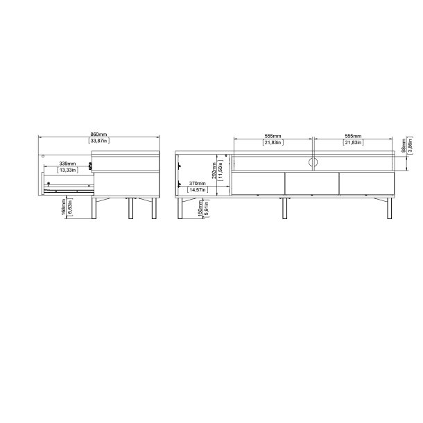 Roomers TV-bord - hvid/egetr�struktur, m. 1 l�ge og 3 skuffer (156 cm)