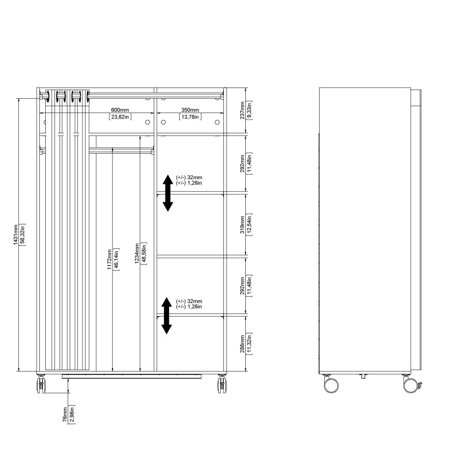 TVILUM Garderobsinsats med sandf&auml;rgad gardin - Vit, med Hjul