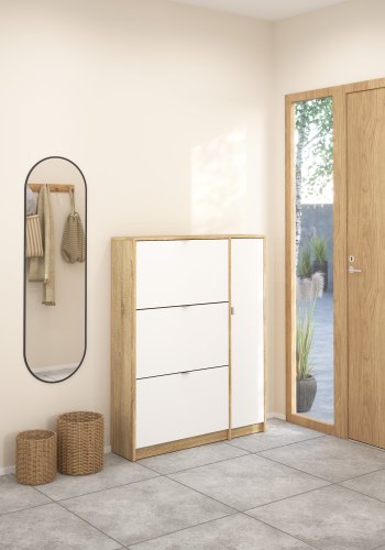 TVILUM Shoes Skosk�p - Naturlig / Vit H&ouml;gglans Ekfan&eacute;r / Tr&auml;, med 3 Vikd&ouml;rrar, 1 Lucka och 2 Fack