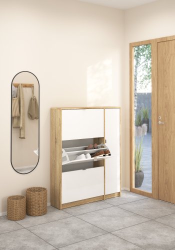 TVILUM Shoes Skosk�p - Naturlig / Vit H&ouml;gglans Ekfan&eacute;r / Tr&auml;, med 3 Vikd&ouml;rrar, 1 Lucka och 2 Fack