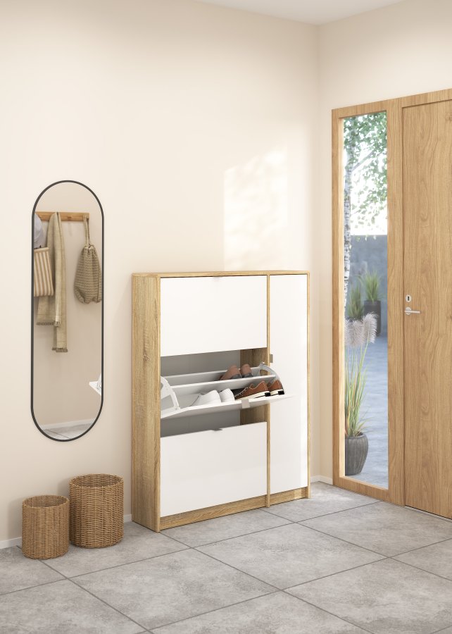 TVILUM Shoes Skosk�p - Naturlig / Vit H&ouml;gglans Ekfan&eacute;r / Tr&auml;, med 3 Vikd&ouml;rrar, 1 Lucka och 2 Fack