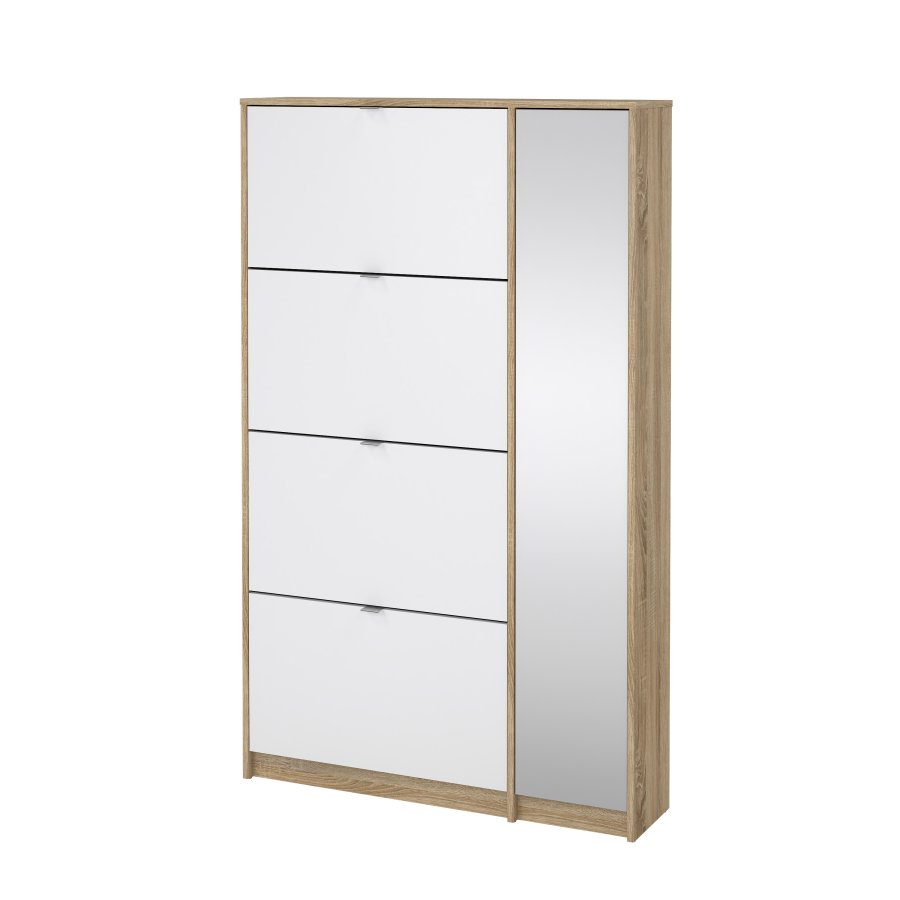 TVILUM Shoes Skosk�p - Naturlig / Vit H�gglans Ekfan�r / Tr�, med 4 Vikd�rrar, 1 Spegeld�rr och 2 Fack