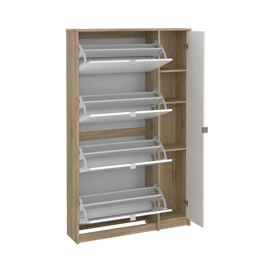 TVILUM Shoes Skosk�p - Naturlig / Vit H�gglans Ekfan�r / Tr�, med 4 Vikd�rrar, 1 Spegeld�rr och 2 Fack