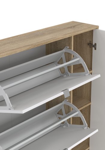 TVILUM Shoes skoskab - natur/hvid h�jglans egetr�sfin�r/tr�, m. 4 klapl�ger, 1 spejll�ge og 2 rum