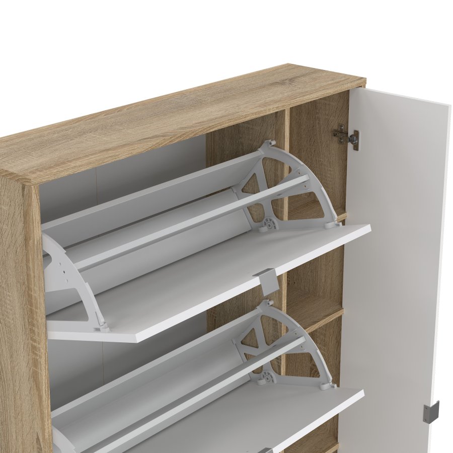 TVILUM Shoes Skosk�p - Naturlig / Vit H�gglans Ekfan�r / Tr�, med 4 Vikd�rrar, 1 Spegeld�rr och 2 Fack