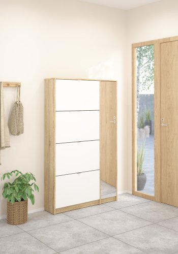 TVILUM Shoes Skosk�p - Naturlig / Vit H�gglans Ekfan�r / Tr�, med 4 Vikd�rrar, 1 Spegeld�rr och 2 Fack