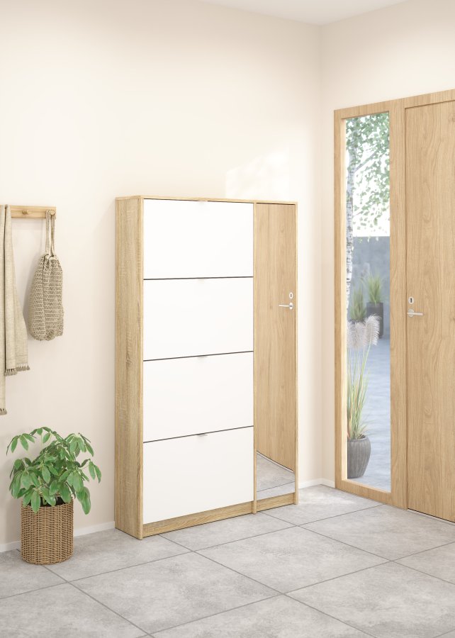 TVILUM Shoes Skosk�p - Naturlig / Vit H�gglans Ekfan�r / Tr�, med 4 Vikd�rrar, 1 Spegeld�rr och 2 Fack