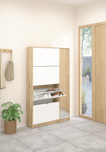 TVILUM Shoes Skosk�p - Naturlig / Vit H�gglans Ekfan�r / Tr�, med 4 Vikd�rrar, 1 Spegeld�rr och 2 Fack