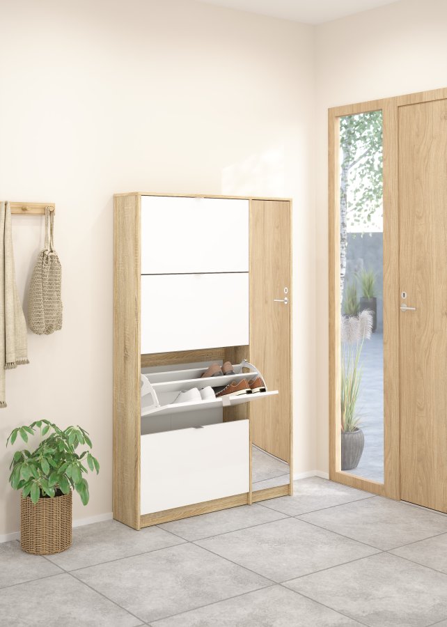 TVILUM Shoes Skosk�p - Naturlig / Vit H�gglans Ekfan�r / Tr�, med 4 Vikd�rrar, 1 Spegeld�rr och 2 Fack