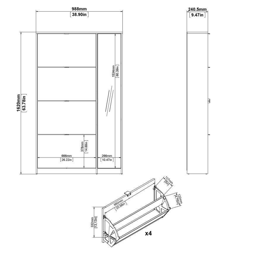 TVILUM Shoes Skosk�p - Naturlig / Vit H�gglans Ekfan�r / Tr�, med 4 Vikd�rrar, 1 Spegeld�rr och 2 Fack