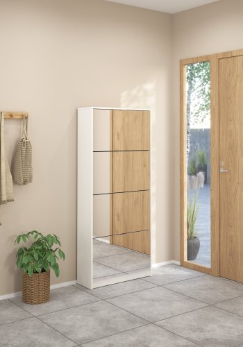 TVILUM Shoe Skosk�p - Vit / Glas Tr&auml; / Spegelglas, med 4 Spegelvikd&ouml;rrar och 2 Fack