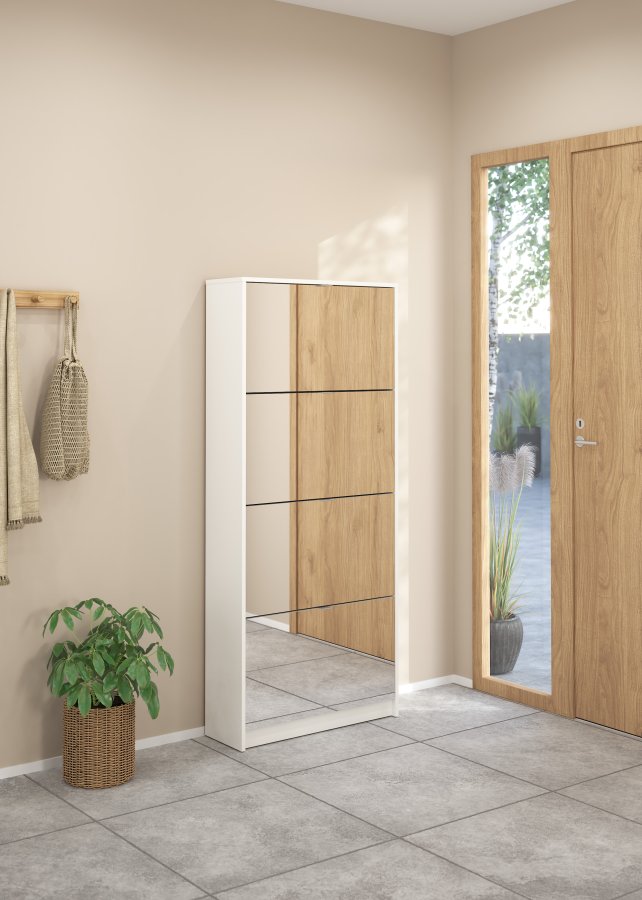 TVILUM Shoe Skosk�p - Vit / Glas Tr&auml; / Spegelglas, med 4 Spegelvikd&ouml;rrar och 2 Fack