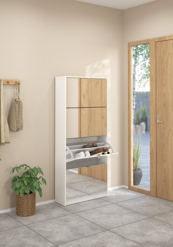 TVILUM Shoe Skosk�p - Vit / Glas Tr&auml; / Spegelglas, med 4 Spegelvikd&ouml;rrar och 2 Fack
