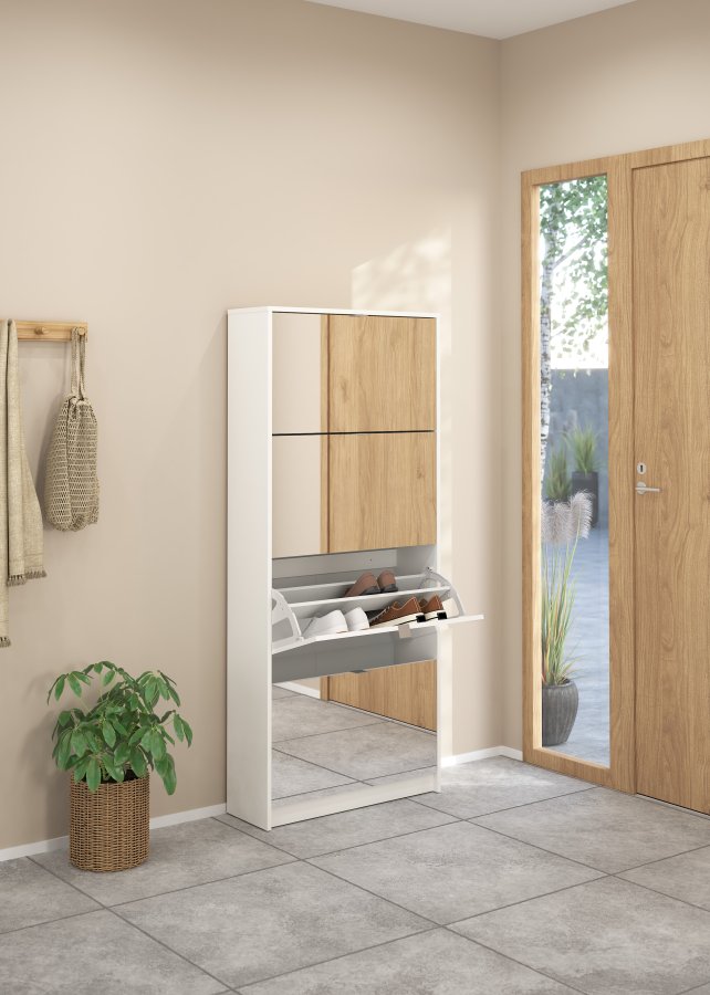 TVILUM Shoe Skosk�p - Vit / Glas Tr&auml; / Spegelglas, med 4 Spegelvikd&ouml;rrar och 2 Fack