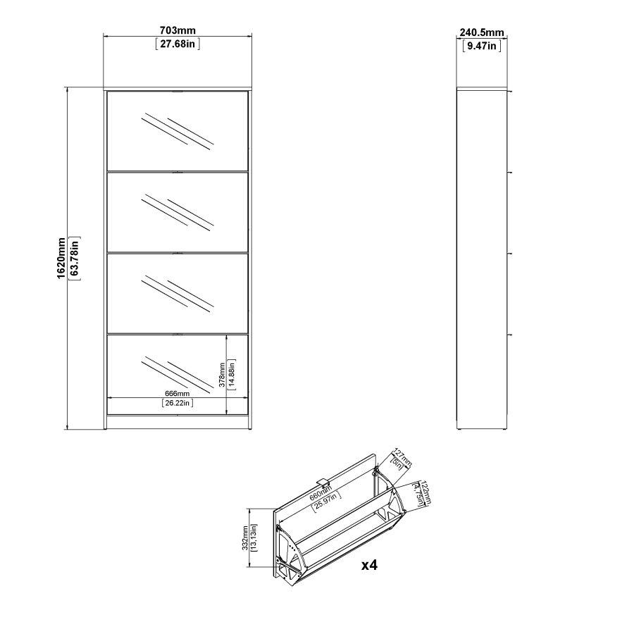 TVILUM Shoe Skosk�p - Vit / Glas Tr&auml; / Spegelglas, med 4 Spegelvikd&ouml;rrar och 2 Fack