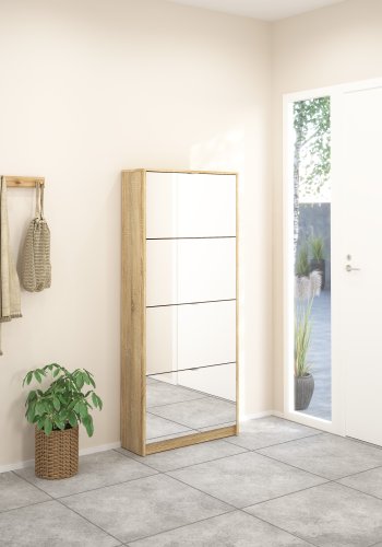 TVILUM Shoes Skosk�p - Naturlig / Glas Ekfan&eacute;r / Spegelglas, med 4 Spegelvikd&ouml;rrar och 2 Fack