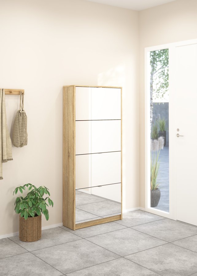 TVILUM Shoes Skosk�p - Naturlig / Glas Ekfan&eacute;r / Spegelglas, med 4 Spegelvikd&ouml;rrar och 2 Fack