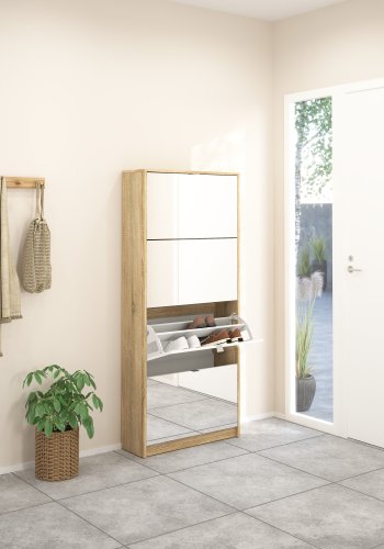 TVILUM Shoes Skosk�p - Naturlig / Glas Ekfan&eacute;r / Spegelglas, med 4 Spegelvikd&ouml;rrar och 2 Fack