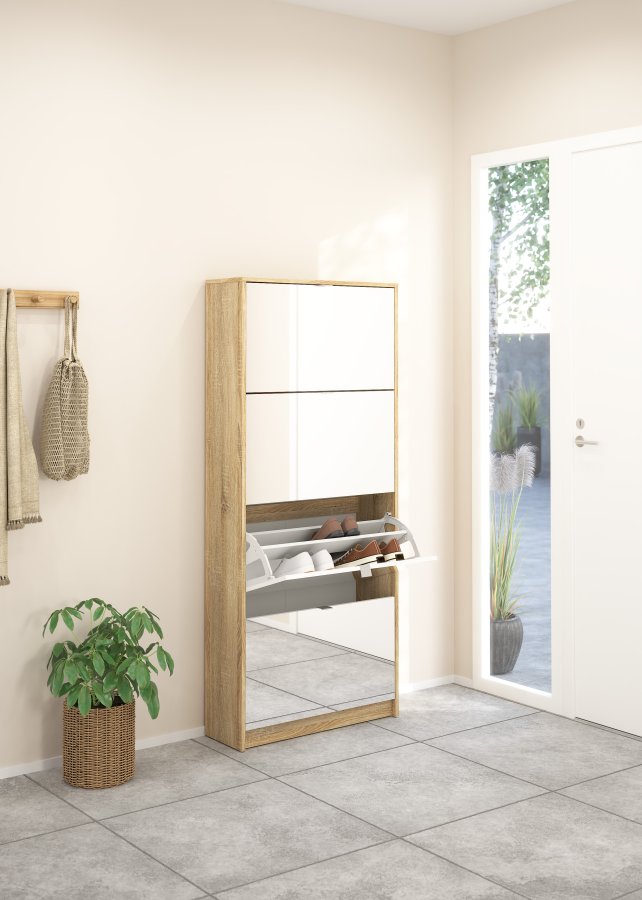 TVILUM Shoes Skosk�p - Naturlig / Glas Ekfan&eacute;r / Spegelglas, med 4 Spegelvikd&ouml;rrar och 2 Fack