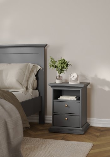 TVILUM Paris Nachttisch - graues Holz, mit 2 Schubladen und 1 Fach