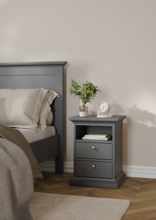 TVILUM Paris Nachttisch - graues Holz, mit 2 Schubladen und 1 Fach