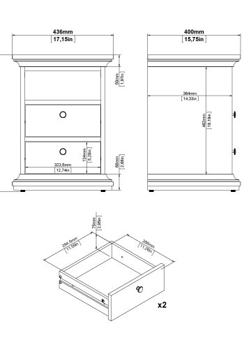 TVILUM Paris Nachttisch - graues Holz, mit 2 Schubladen und 1 Fach