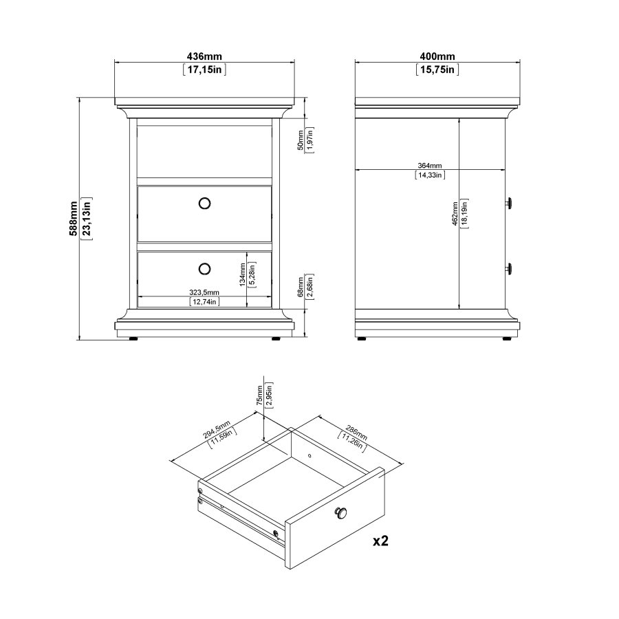 TVILUM Paris Nachttisch - graues Holz, mit 2 Schubladen und 1 Fach