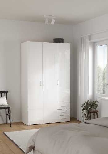 TVILUM Space garderobeskab - hvid h�jglans tr�, m. 3 l�ger og 3 skuffer
