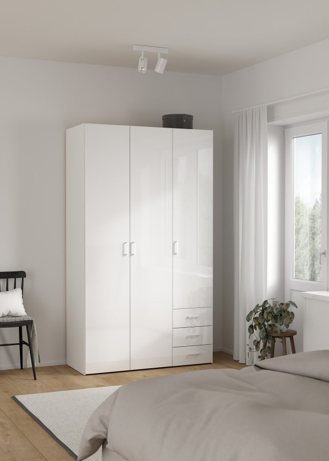 TVILUM Space garderobeskab - hvid h�jglans tr�, m. 3 l�ger og 3 skuffer