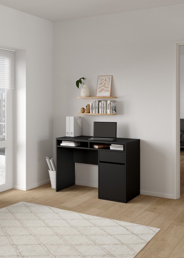 TVILUM Function Plus skrivebord - matt sort tre, m. 1 d�r og 1 skuff