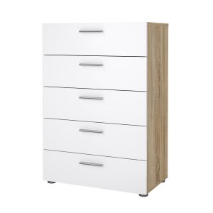 TVILUM Pepe Kommode - Wei&szlig; Hochglanz/Naturholz/Eichenfurnier, mit 5 Schubladen