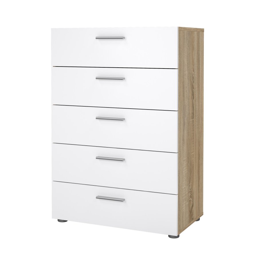 TVILUM Pepe byr� - vit h&ouml;gblank / naturligt tr&auml; / ekfaner, med 5 l�dor