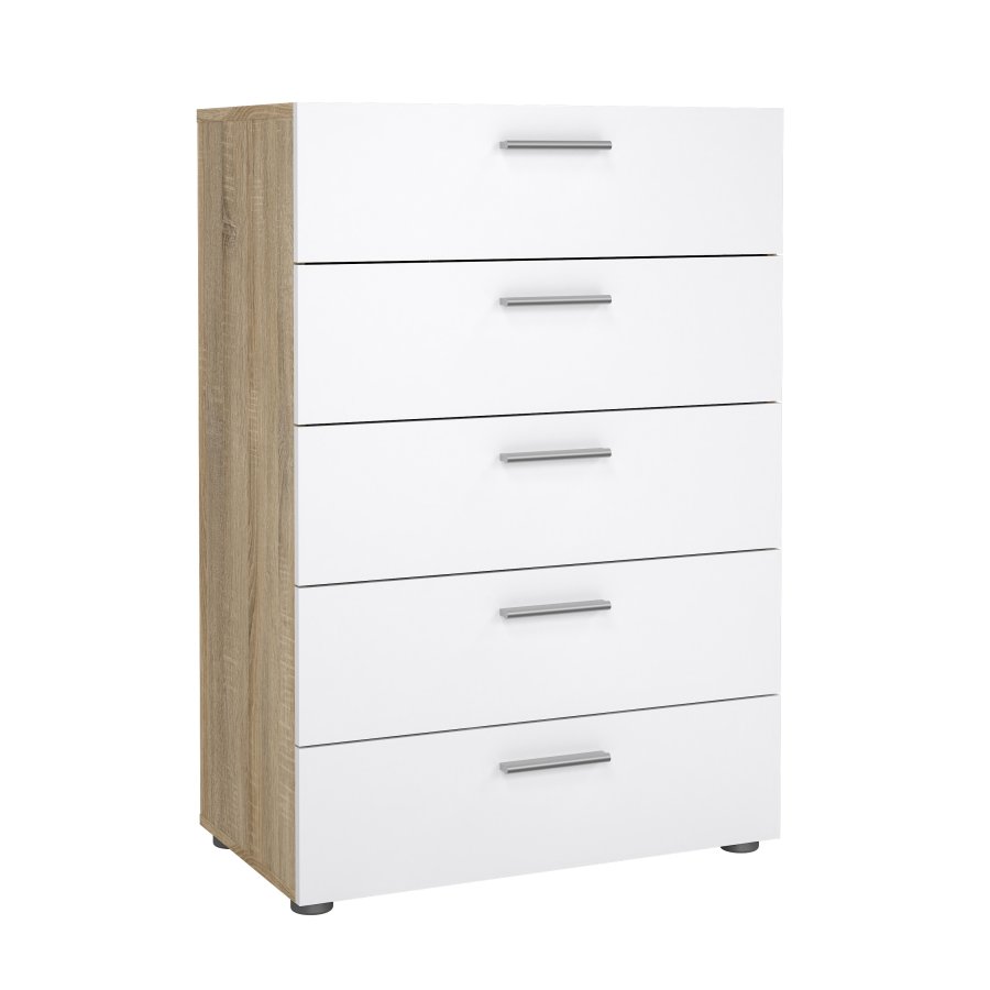 TVILUM Pepe byr� - vit h&ouml;gblank / naturligt tr&auml; / ekfaner, med 5 l�dor