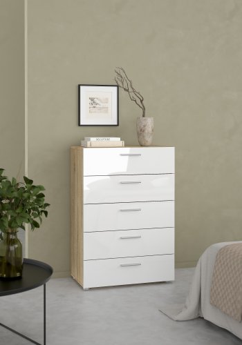 TVILUM Pepe byr� - vit h&ouml;gblank / naturligt tr&auml; / ekfaner, med 5 l�dor