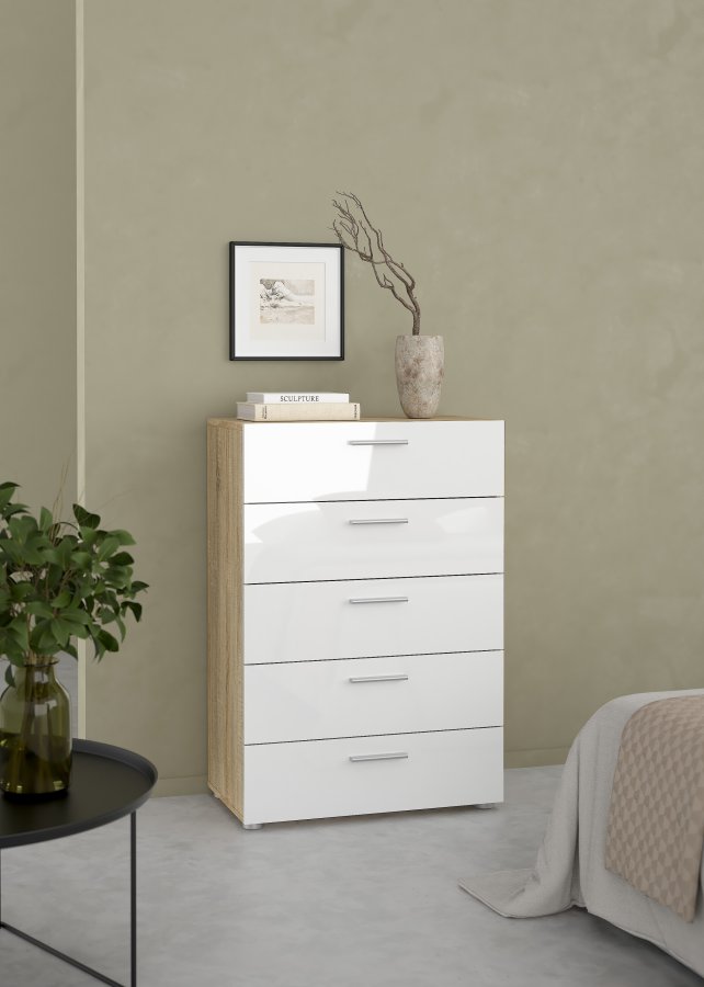 TVILUM Pepe byr� - vit h&ouml;gblank / naturligt tr&auml; / ekfaner, med 5 l�dor