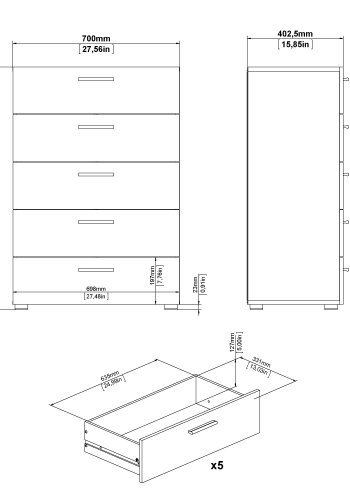TVILUM Pepe byr� - vit h&ouml;gblank / naturligt tr&auml; / ekfaner, med 5 l�dor